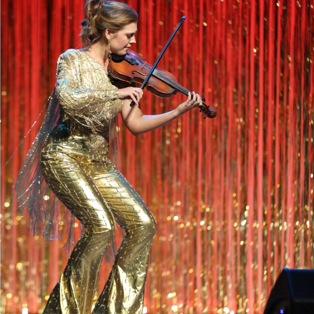 Johnathan Kay custom Gold Beaded and Sequin Flare Jumpsuit with bugle fringe.